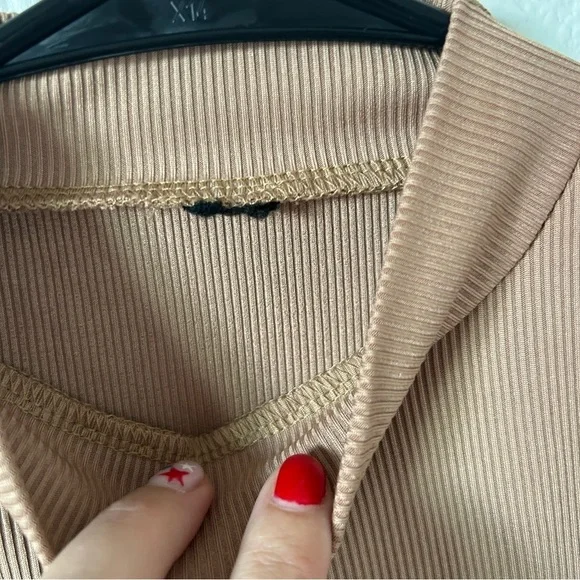 Tan Sleeveless Ribbed Turtle Neck Bodysuit One Piece - Picture 4 of 8